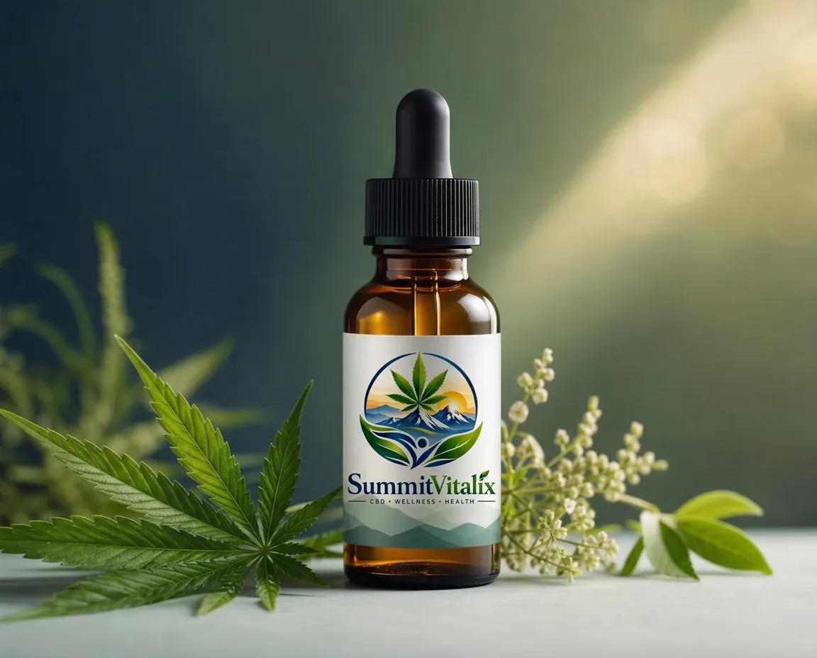 SummitVitalix branded amber glass CBD oil dropper bottle beside fresh green hemp leaves on a warm neutral background