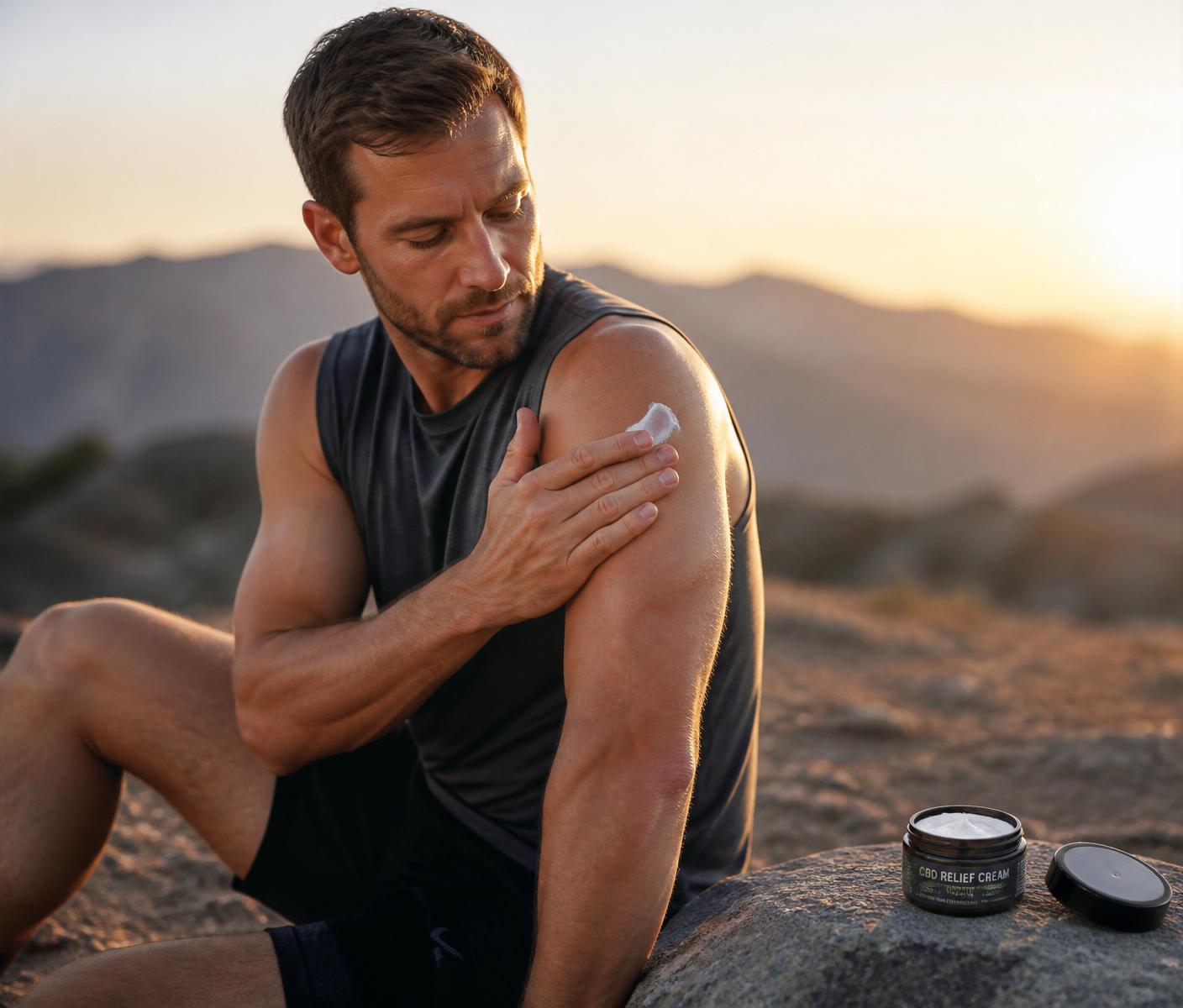 Athletic man applying CBD relief cream outdoors at sunrise