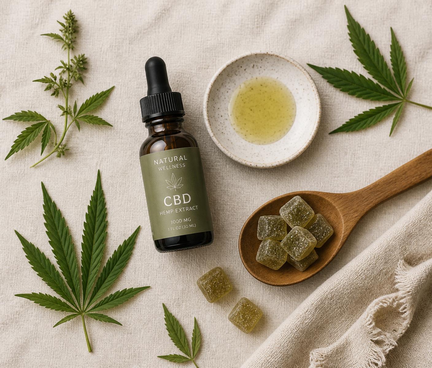 Overhead flatlay of hemp leaves and CBD products on linen