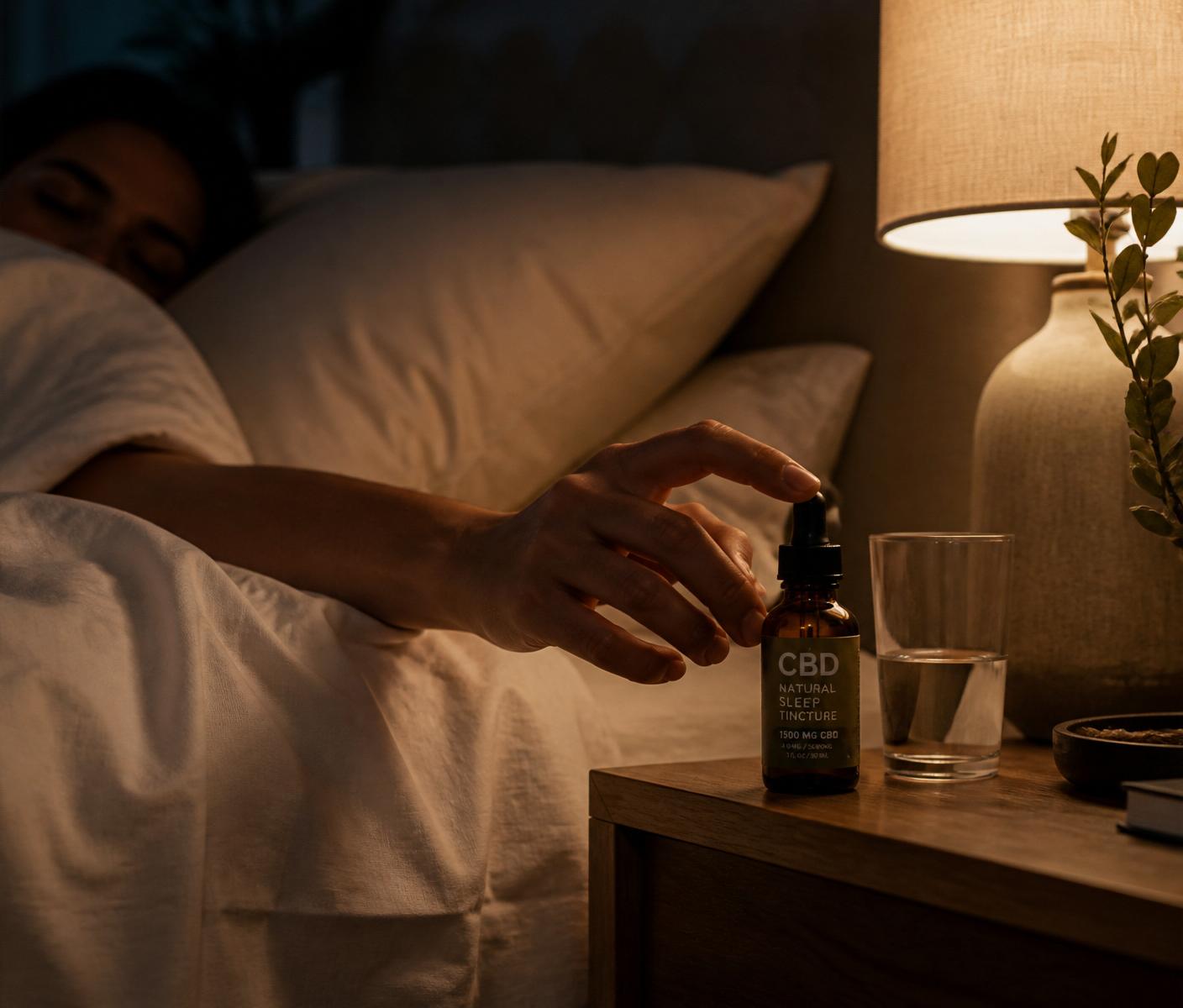 Person reaching for a CBD sleep tincture on a bedside table